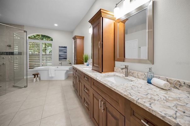 Bathroom, Dual Sink Vanities, Free Standing Baths, Glass Shower, Interior, Recessed Lighting