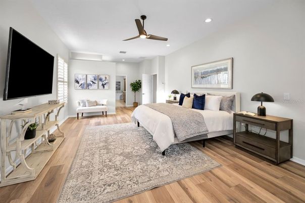 Bedroom, Interior, Recessed Lighting, Wood Texture Flooring