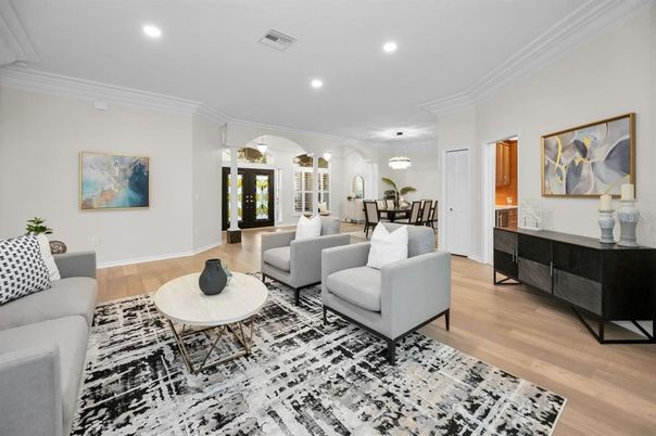 Dining room, Interior, Living room, Pendant Lights, Recessed Lighting, Wood Texture Flooring