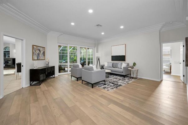 Interior, Living room, Recessed Lighting, Wood Texture Flooring
