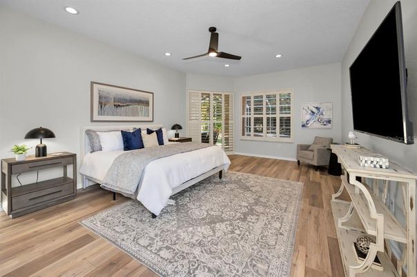 Bedroom, Interior, Recessed Lighting, Wood Texture Flooring