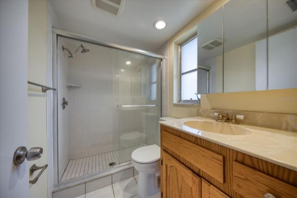 Bathroom, Glass Shower, Interior, Recessed Lighting, Tile Countertops