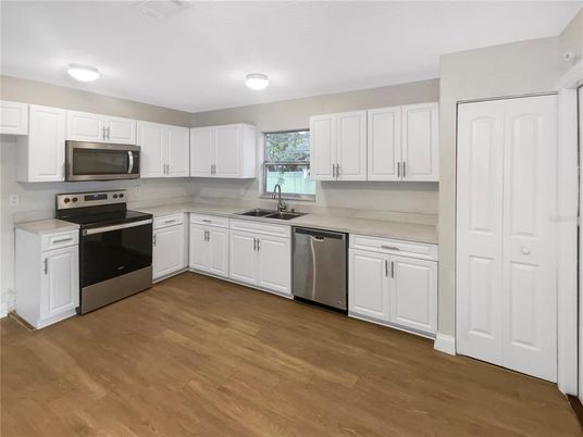 Interior, Kitchen, Stainless Steel Appliances, Wood Texture Flooring