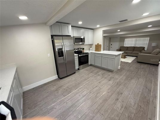 Interior, Kitchen, Living room, Recessed Lighting, Stainless Steel Appliances, Wood Texture Flooring