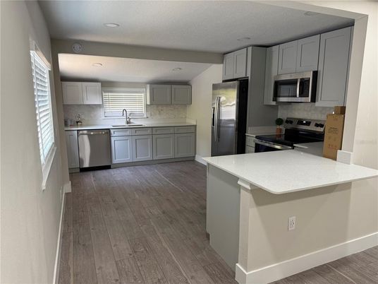 Interior, Kitchen, Recessed Lighting, Stainless Steel Appliances, Wood Texture Flooring