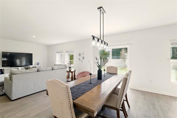 Dining room, Interior, Living room, Pendant Lights, Recessed Lighting, Wood Texture Flooring