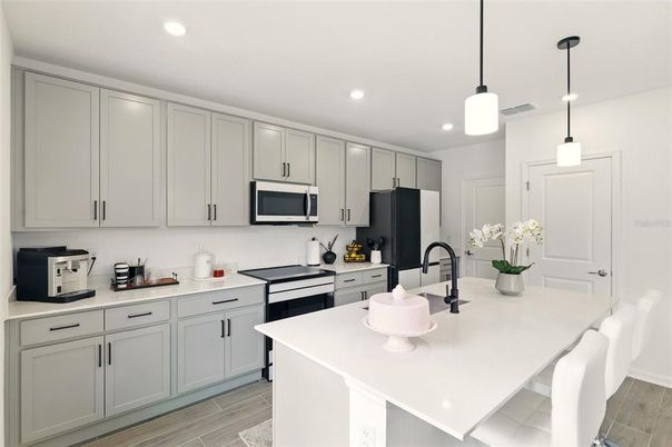 Interior, Kitchen, Pendant Lights, Recessed Lighting, Wood Texture Flooring