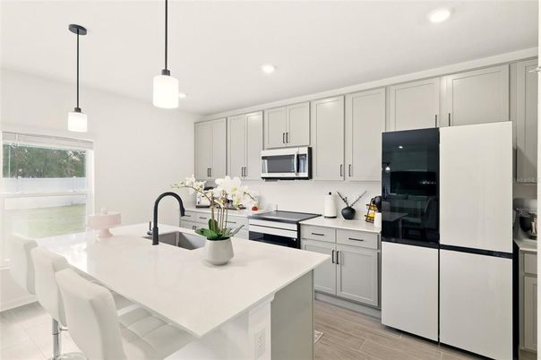 Interior, Kitchen, Pendant Lights, Recessed Lighting, Wood Texture Flooring
