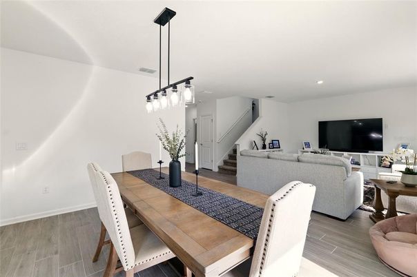Dining room, Interior, Living room, Pendant Lights, Recessed Lighting, Wood Texture Flooring