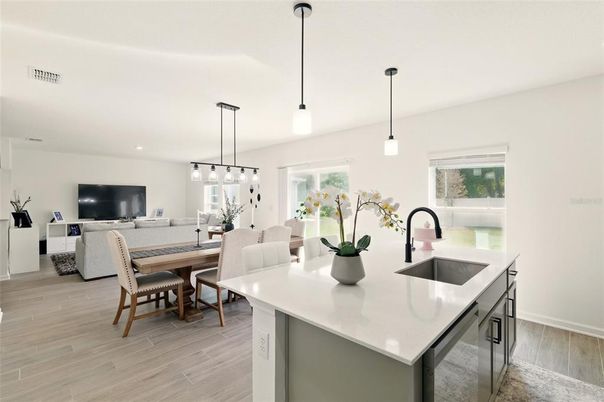 Dining room, Interior, Kitchen, Living room, Pendant Lights, Recessed Lighting, Wood Texture Flooring