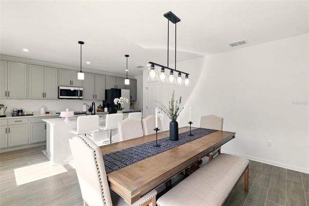 Dining room, Interior, Kitchen, Pendant Lights, Recessed Lighting, Wood Texture Flooring