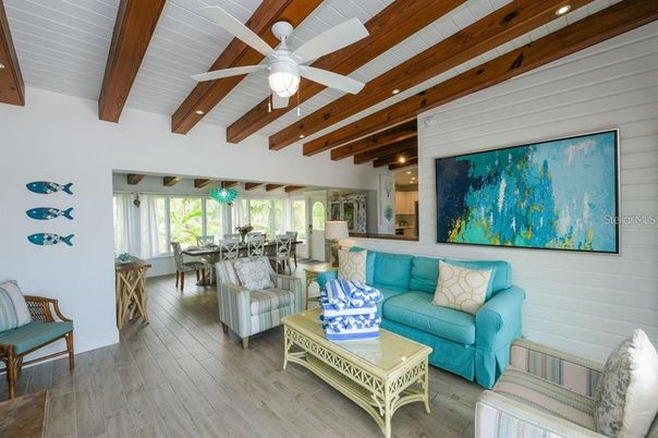 Dining room, Interior, Living room, Recessed Lighting, Wooden Beams, Wood Texture Flooring