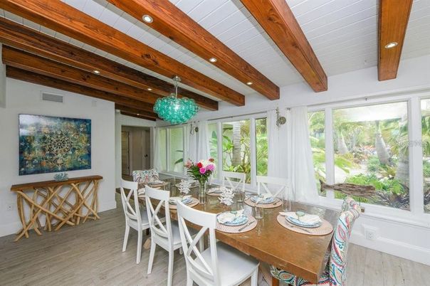 Dining room, Interior, Pendant Lights, Recessed Lighting, Wooden Beams, Wood Texture Flooring