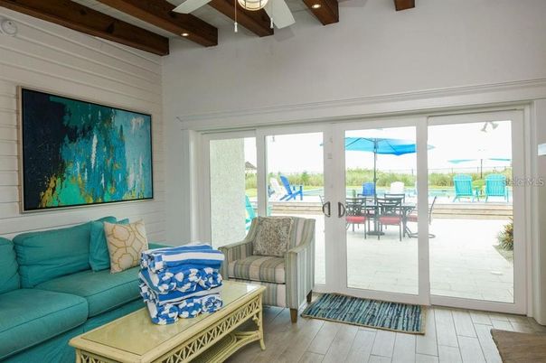 Interior, Living room, Recessed Lighting, Water, Wooden Beams, Wood Texture Flooring
