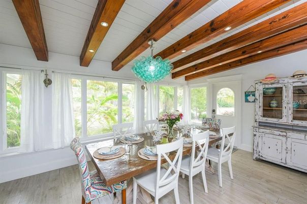 Dining room, Interior, Recessed Lighting, Wooden Beams, Wood Texture Flooring
