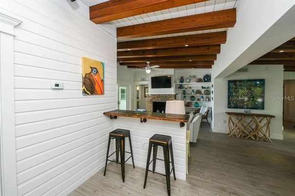 Fireplace, Interior, Recessed Lighting, Wooden Beams, Wood Texture Flooring