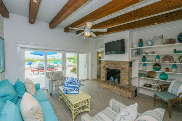 Fireplace, Interior, Living room, Recessed Lighting, Water, Wooden Beams, Wood Texture Flooring