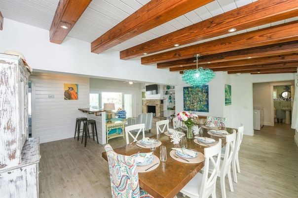 Dining room, Fireplace, Interior, Living room, Pendant Lights, Recessed Lighting, Wooden Beams, Wooden Ceilings, Wood Texture Flooring
