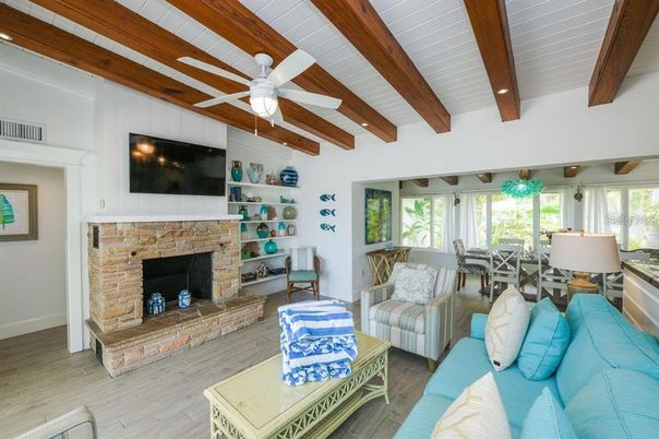 Dining room, Fireplace, Interior, Living room, Recessed Lighting, Wooden Beams, Wood Texture Flooring