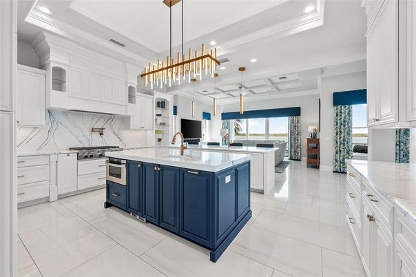 Interior, Kitchen, Marble Walls, Pendant Lights, Recessed Lighting