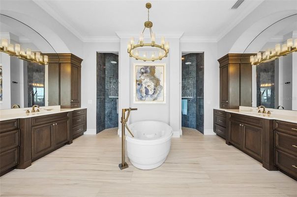 Bathroom, Dual Sink Vanities, Free Standing Baths, Interior, Pendant Lights, Wood Texture Flooring