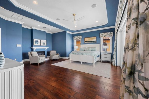 Bedroom, Fireplace, Interior, Recessed Lighting, Wood Texture Flooring