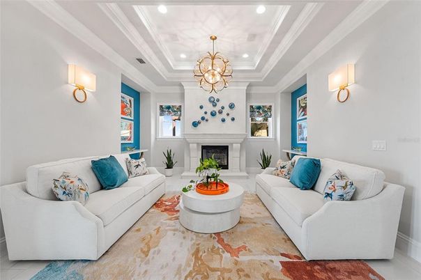 Chandelier, Fireplace, Interior, Living room, Recessed Lighting
