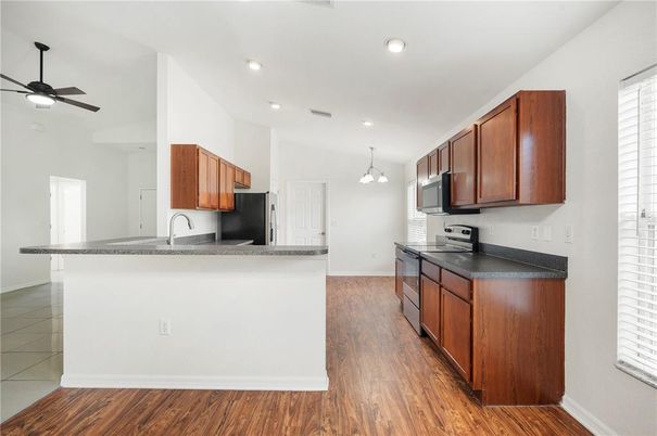 Interior, Kitchen, Pendant Lights, Recessed Lighting, Wood Texture Flooring