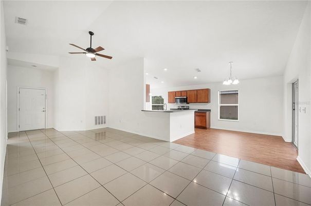 Chandelier, Empty room, Interior, Kitchen, Recessed Lighting, Wood Texture Flooring