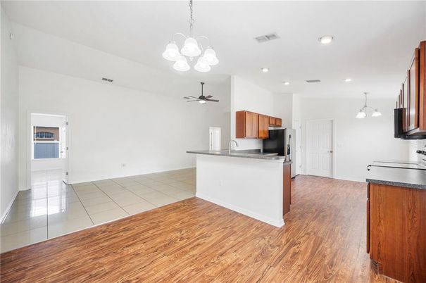 Interior, Kitchen, Pendant Lights, Recessed Lighting, Wood Texture Flooring