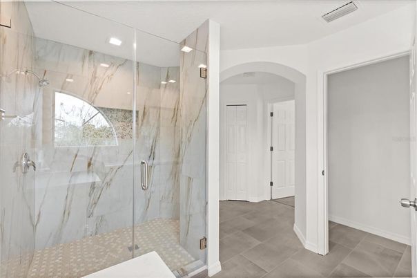 Bathroom, Glass Shower, Interior, Marble Walls, Recessed Lighting