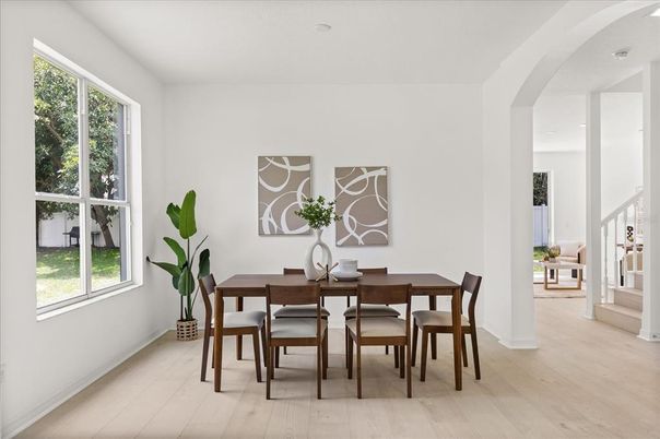 Dining room, Interior, Recessed Lighting, Wood Texture Flooring