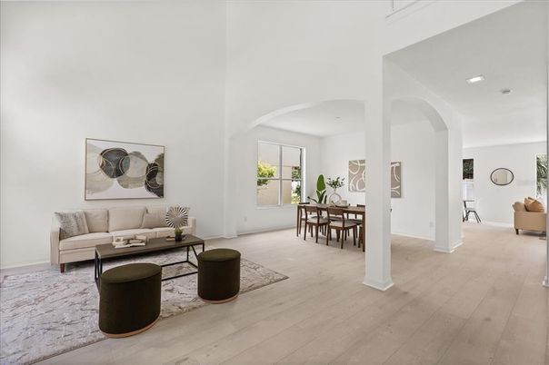 Dining room, Interior, Living room, Recessed Lighting, Wood Texture Flooring