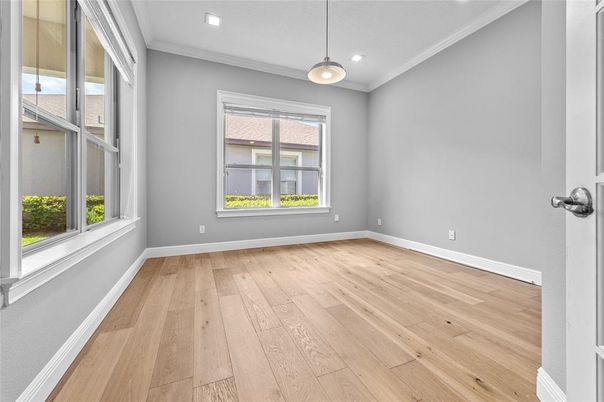 Empty room, Interior, Pendant Lights, Recessed Lighting, Wood Texture Flooring