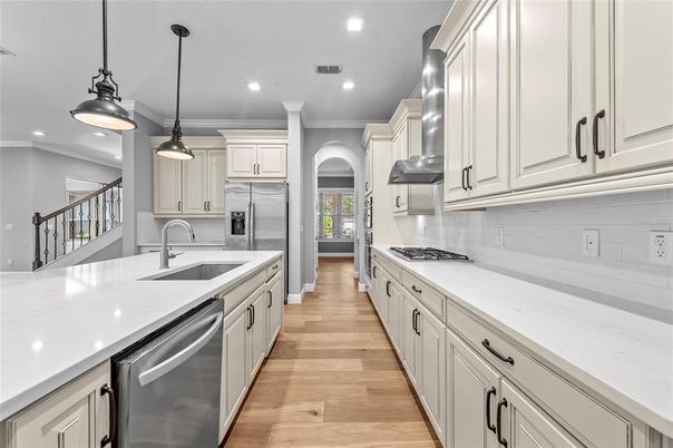 Interior, Kitchen, Pendant Lights, Recessed Lighting, Stainless Steel Appliances, Wood Texture Flooring