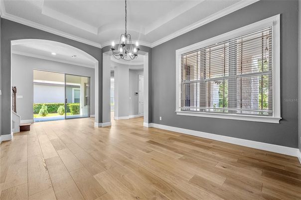 Chandelier, Empty room, Interior, Recessed Lighting, Wood Texture Flooring