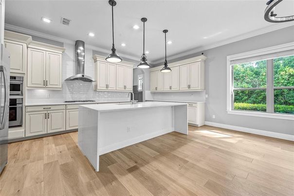 Interior, Kitchen, Pendant Lights, Recessed Lighting, Stainless Steel Appliances, Wood Texture Flooring