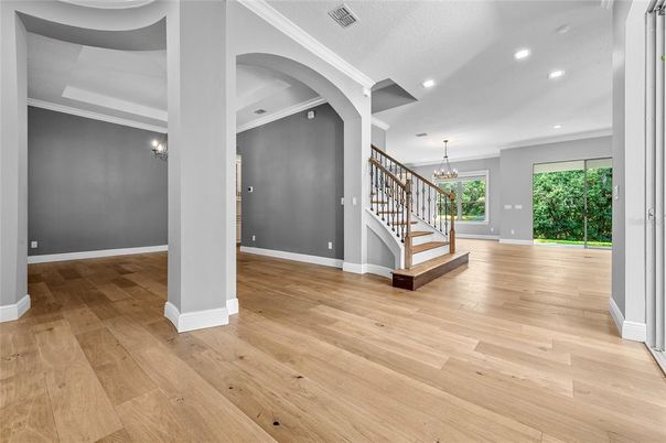 Chandelier, Empty room, Interior, Pendant Lights, Recessed Lighting, Wood Texture Flooring