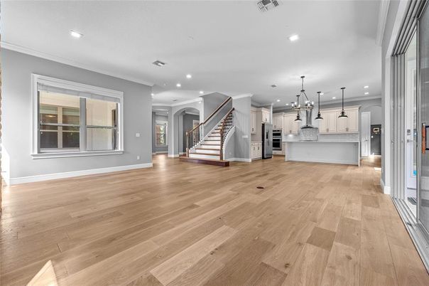 Interior, Kitchen, Pendant Lights, Recessed Lighting, Stainless Steel Appliances, Wood Texture Flooring