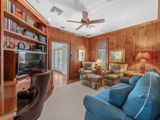 Fireplace, Interior, Living room, Recessed Lighting, Wood Texture Flooring, Wooden Walls