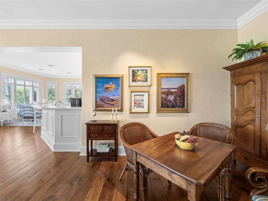 Dining room, Interior, Recessed Lighting, Wood Texture Flooring
