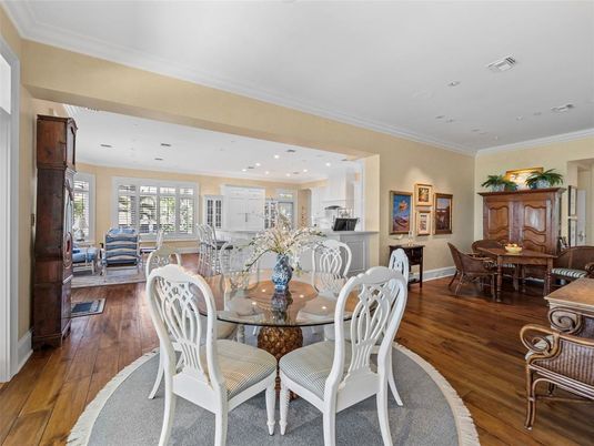 Dining room, Interior, Kitchen, Living room, Recessed Lighting, Stainless Steel Appliances, Wood Texture Flooring