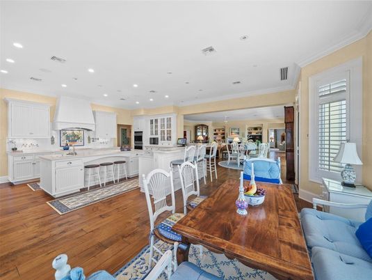 Dining room, Interior, Kitchen, Recessed Lighting, Wood Texture Flooring
