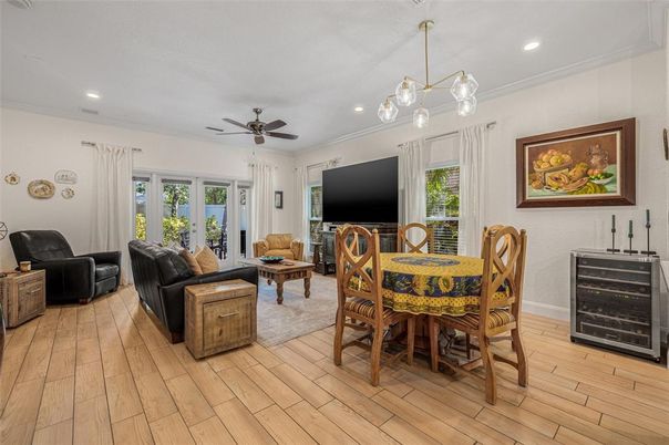 Dining room, Interior, Living room, Pendant Lights, Recessed Lighting, Wood Texture Flooring
