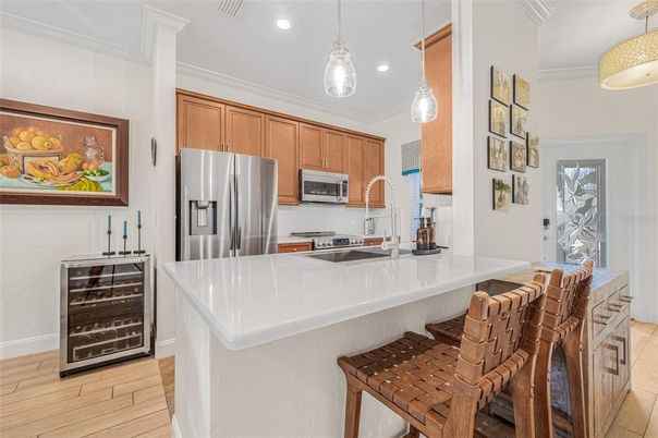 Interior, Kitchen, Pendant Lights, Recessed Lighting, Stainless Steel Appliances, Wood Texture Flooring