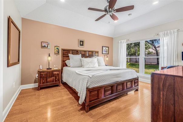 Bedroom, Interior, Recessed Lighting, Wood Texture Flooring