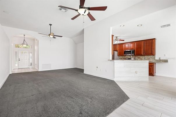 Empty room, Interior, Kitchen, Pendant Lights, Recessed Lighting, Wood Texture Flooring