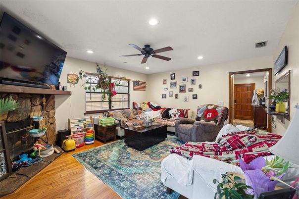 Fireplace, Interior, Living room, Recessed Lighting, Wood Texture Flooring