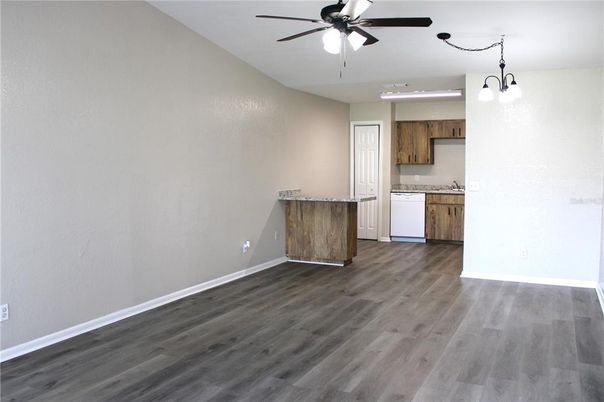 Empty room, Interior, Kitchen, Pendant Lights, Wood Texture Flooring