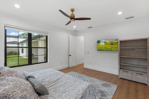 Bedroom, Interior, Recessed Lighting, Wood Texture Flooring